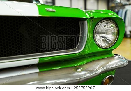 Sankt-petersburg, Russia, July 21, 2017: Front View Of Green Classic Retro Ford Mustang Gt. Car Exte