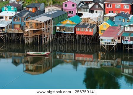 Traditional Stilt Houses Know As Palafitos In The City Of Castro At Chiloe Island In Southern Chile