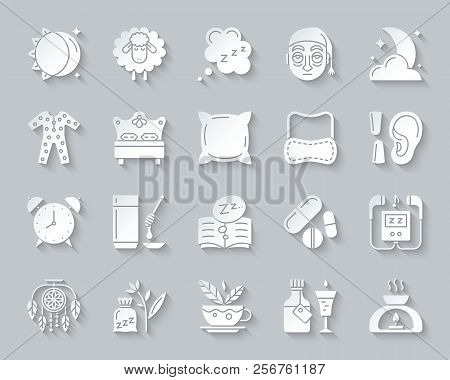 Insomnia Paper Cut Icons Set. 3d Sign Kit Of Sleep. Dream Pictogram Collection Includes Somnolent Sy