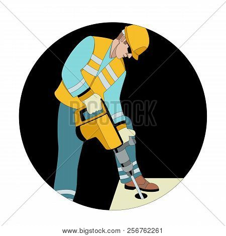 Worker Using Pneumatic Hammer Drill Vector Illustration Flat Style