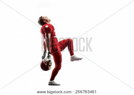 Active One American Football Player Isolated On White Background. Fit Caucasian Man In Uniform Posin