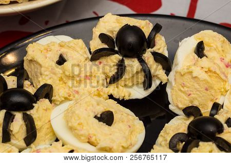 Deviled Eggs With A Spider For Halloween Party