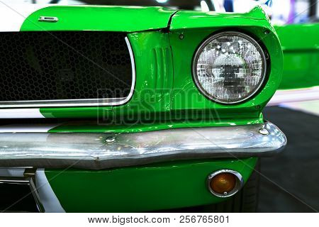 Sankt-petersburg, Russia, July 21, 2017: Front View Of Green Classic Retro Ford Mustang Gt.car Exter