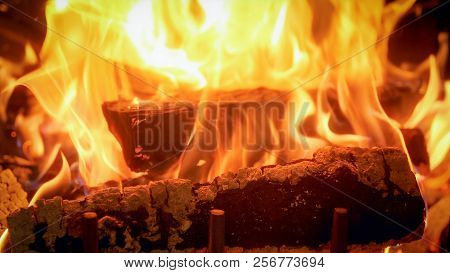 Closeup Image Of Fire And Flimes In Fireplace