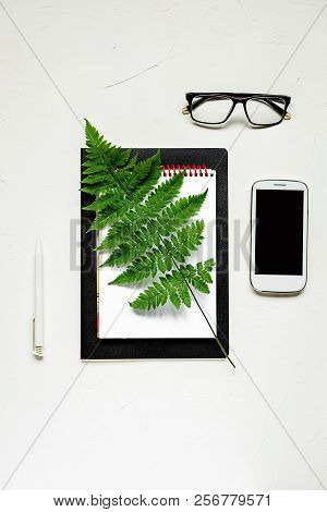 Busines Flat Lay Of Office Stuff On White Table. Notebook, Pencil. Glasses, Laptop, Fern
