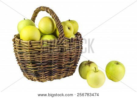 Juicy Apples In Basket, Isolated On White
