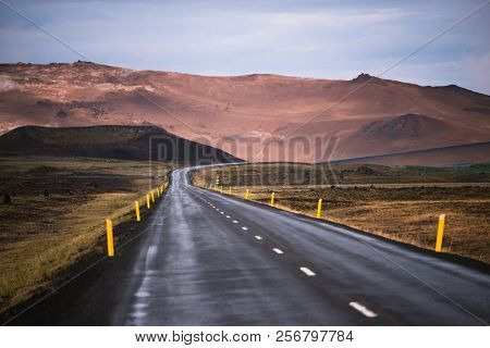 Road (highway) N1 in Iceland. Geothermal valley of Hverir near Namafjall and pass Namaskard