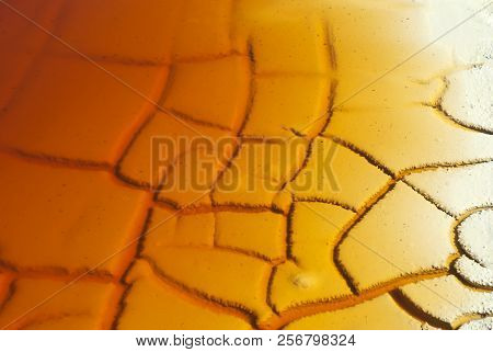 Background, Texture - Cracked Clay Shore Of A Reservoir With Rusty Water