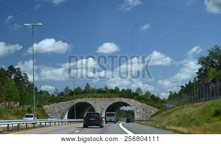 Bridge for animals over a highway on a background of mountains and blue sky. June 18,2018. Ostfold Region,South Norway