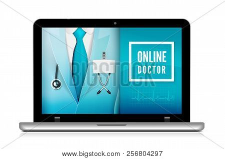 Online Doctor Consultation Technology In Laptop. Medical Doctor In Suit With Stethoscope Close Up. V