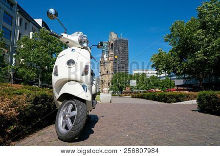 Berlin, Germany - June 08, 2016: Parked Scooter In Downtown Berlin. In The Background, The Breitsche
