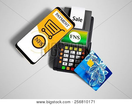 Nfs Payment Via Phone To Payment Card Pos Terminal With Credit Card Top View 3d Render On Gray Backg
