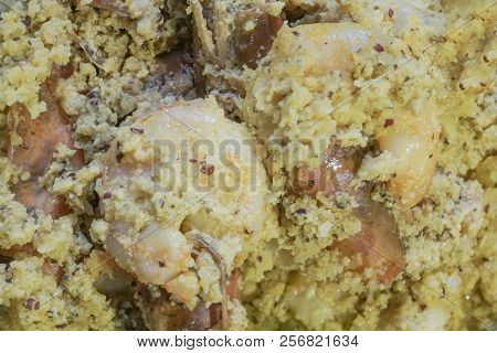 Spicy Indian Prawn Food Dish, Prepared With Coconut For Nice Taste. Close Up Image Of The Prawns Bei