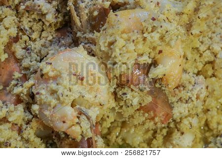Spicy Indian Prawn Food Dish, Prepared With Coconut For Nice Taste. Close Up Image Of The Prawns Bei