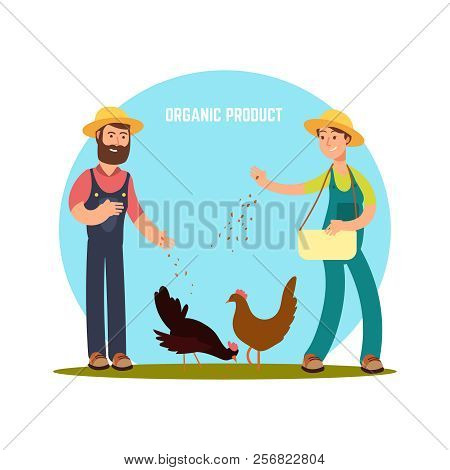 Two Farmers Feed Animals. Cartoon Character Harvest Vector Illustration Isolated On White Background