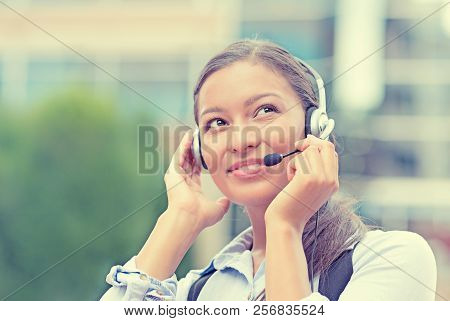 Closeup Portrait Smiling Young Female Customer Service Representative, Call Center Agent, Support St