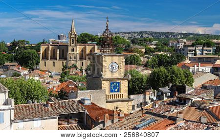 View Of Salon De Provence With Church And Bell Tower, France.