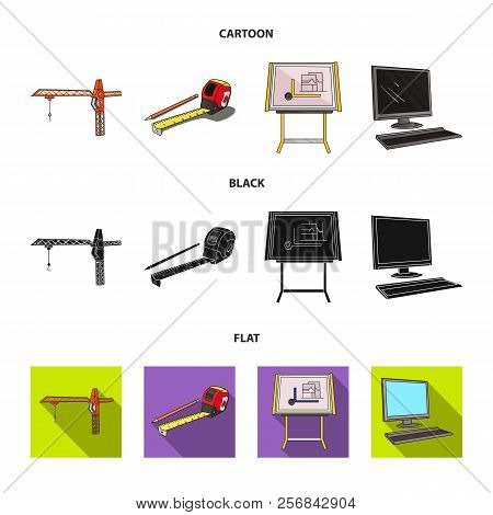 Construction Crane, Measuring Tape Measure, Drawing Board, Computer. Architecture Set Collection Ico