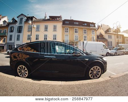 Chambery, France - Circa 2018: Wide Angle Lens Fish-eye Over Luxury Tesla Model X Electric Car Suv P