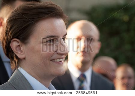 Belgrade, Serbia - July 14, 2018: Ana Brnabic, Serbian Prime Minister Smiling Listening To A Speech 