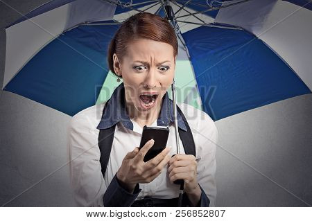 Closeup Portrait Shocked Surprised Business Woman Corporate Executive Reading Bad Breaking News On S