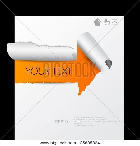 Flèche orange sur la feuille de papier. Papier déchiré