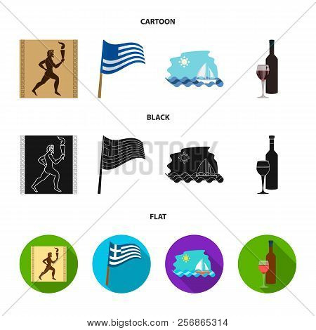 Greece, Running, Wine, Flag .greece Set Collection Icons In Cartoon, Black, Flat Style Vector Symbol