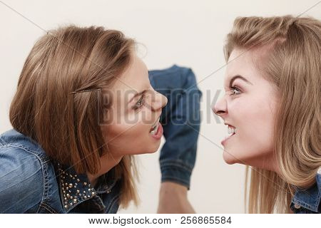 Two Women Having Argue Mocking Up Being Mad At Each Other. Female Telling Off, Ignorance Coversation