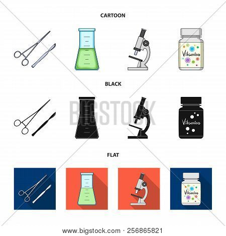 A Bank Of Vitamins, A Flask With A Solution And Other Equipment.medicine Set Collection Icons In Car