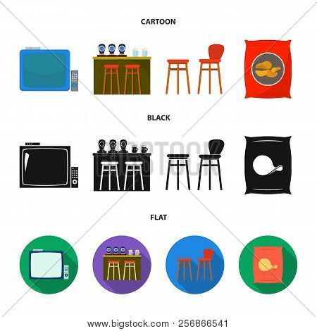 Tv, Bar Counter, Chairs And Armchairs, Potato Chips.pub Set Collection Icons In Cartoon, Black, Flat