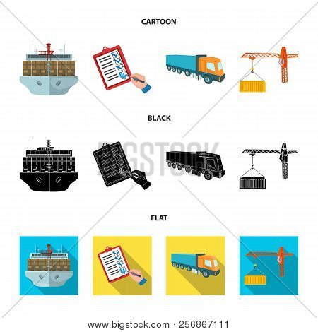 Sea Freight, Signature Of Delivery Documents, Truck, Tower Crane With A Container. Logistics And Del