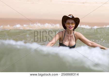 Woman Chest Beautiful Enjoy With Wave On Beach At Bang Beot Beach, Chumphon Province Thailand