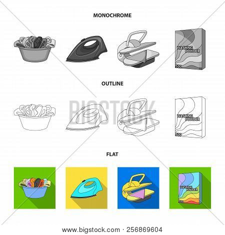 A Bowl With Laundry, Iron, Ironing Press, Washing Powder. Dry Cleaning Set Collection Icons In Flat,