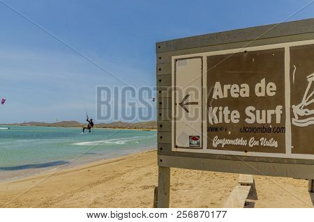 Cabo De La Vela, La Guajira, Colombia. April 2018. A View Of Kitesurfing On The Caribbean Beach In C