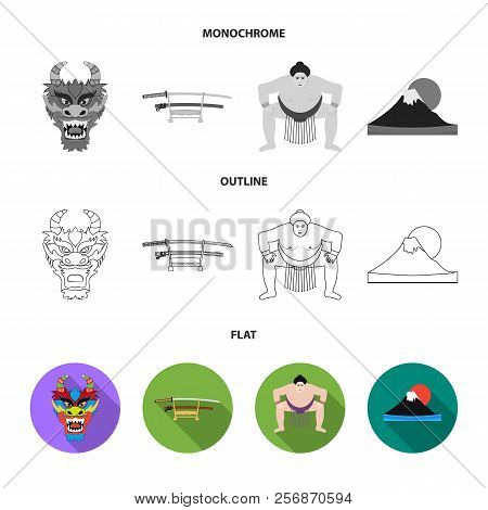 Dragon Mask, Katano, A Man Is A Sumo Player, A Fujiama Mountain.japan Set Collection Icons In Flat, 