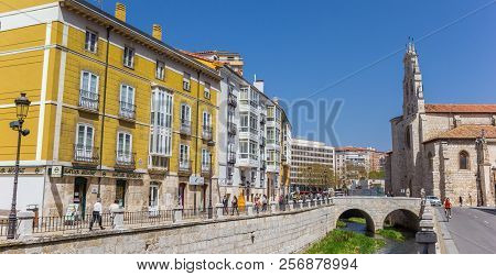 Burgos, Spain - April 24, 2018: Panorama Of A Canal And Colorful Buildings In Burgos, Spain