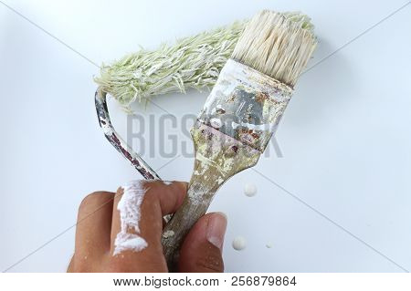 A Two Brushes For Painting Wall On White. Also We Can See Dirty Hand From Paint. White Background