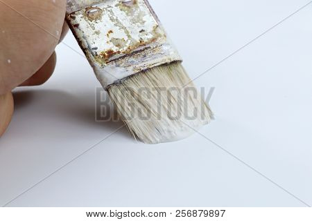 A Some Man Painting Wall Using White Colour. A Old Small Brush For Accuracy. White Background