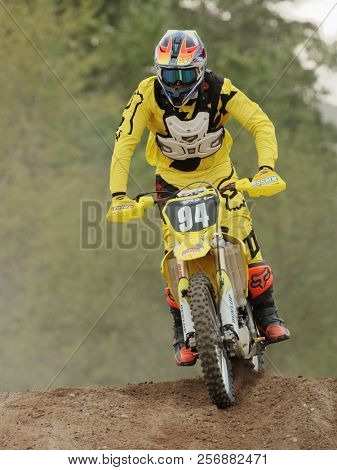 ST. PETERSBURG, RUSSIA - SEPTEMBER 2, 2018: Athletes compete in third stage of Russian Supercross Championship. This stage is held on the motor racing track of DOSAAF in Saint Petersburg