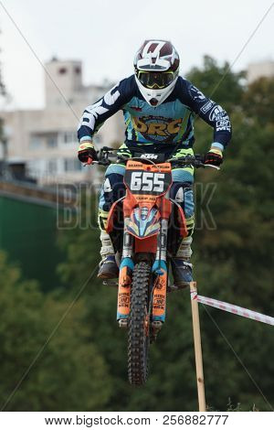 ST. PETERSBURG, RUSSIA - SEPTEMBER 2, 2018: Athletes compete in third stage of Russian Supercross Championship. This stage is held on the motor racing track of DOSAAF in Saint Petersburg