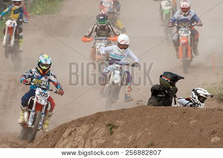 ST. PETERSBURG, RUSSIA - SEPTEMBER 2, 2018: Athletes compete in third stage of Russian Supercross Championship. This stage is held on the motor racing track of DOSAAF in Saint Petersburg