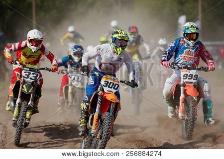 ST. PETERSBURG, RUSSIA - SEPTEMBER 2, 2018: Athletes compete in third stage of Russian Supercross Championship. This stage is held on the motor racing track of DOSAAF in Saint Petersburg