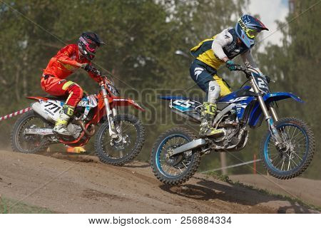 ST. PETERSBURG, RUSSIA - SEPTEMBER 2, 2018: Athletes compete in third stage of Russian Supercross Championship. This stage is held on the motor racing track of DOSAAF in Saint Petersburg