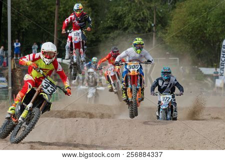ST. PETERSBURG, RUSSIA - SEPTEMBER 2, 2018: Athletes compete in third stage of Russian Supercross Championship. This stage is held on the motor racing track of DOSAAF in Saint Petersburg