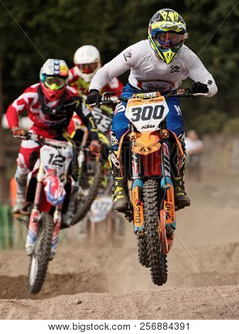 ST. PETERSBURG, RUSSIA - SEPTEMBER 2, 2018: Athletes compete in third stage of Russian Supercross Championship. This stage is held on the motor racing track of DOSAAF in Saint Petersburg