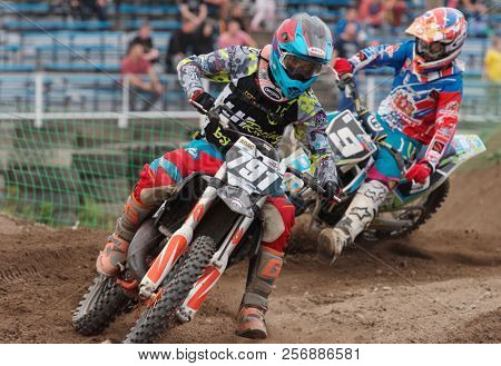 ST. PETERSBURG, RUSSIA - SEPTEMBER 2, 2018: Athletes compete in third stage of Russian Supercross Championship. This stage is held on the motor racing track of DOSAAF in Saint Petersburg