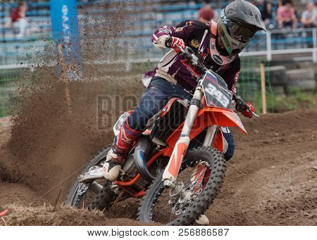 ST. PETERSBURG, RUSSIA - SEPTEMBER 2, 2018: Athletes compete in third stage of Russian Supercross Championship. This stage is held on the motor racing track of DOSAAF in Saint Petersburg