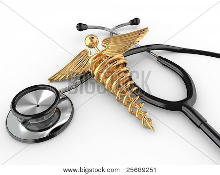 Stetoskop med symbol på medicin, slangestav. 3D