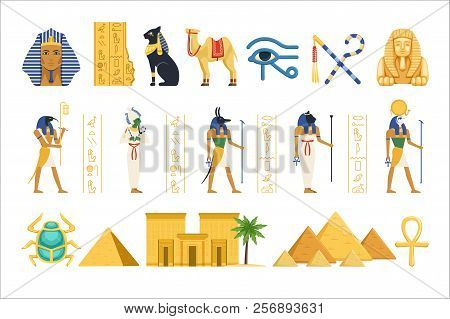 Egypt Set, Egyptian Ancient Symbols Of The Power Of Pharaohs And Gods Colorful Vector Illustrations