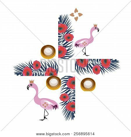Summer Party Event Poster Card Template. Exotic Flamingo Birds Couple Wearing Crown. Tropical Monste